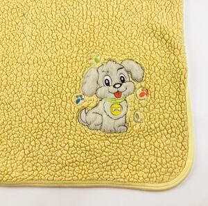 Vintage Yellow Baby Blanket Dog Sherpa Lovey Bones Tan Blonde Green Collar Tongu